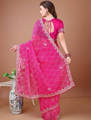 Pink bandhani embroidered bandhani saree 3