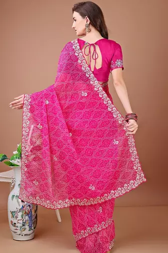 Pink bandhani embroidered bandhani saree