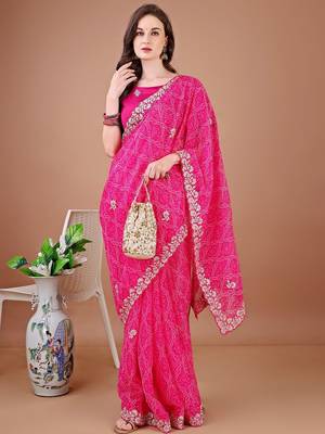 Pink bandhani embroidered bandhani saree 4