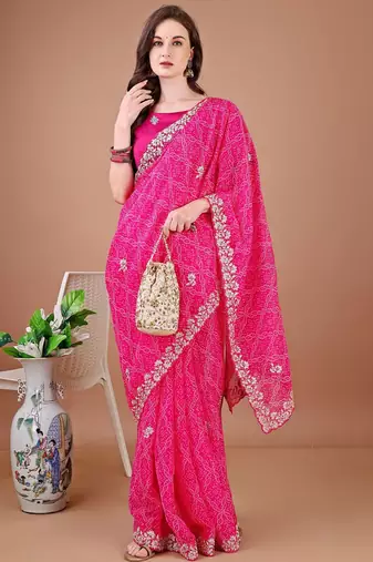 Pink bandhani embroidered bandhani saree