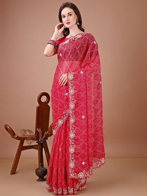 Red bandhani printed saree with embroidered border 1