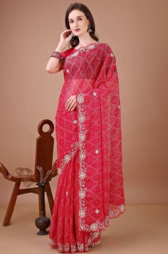 Red bandhani printed saree with embroidered border
