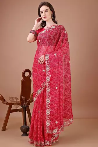Red bandhani printed saree with embroidered border