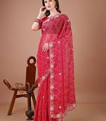 Red bandhani printed saree with embroidered border
