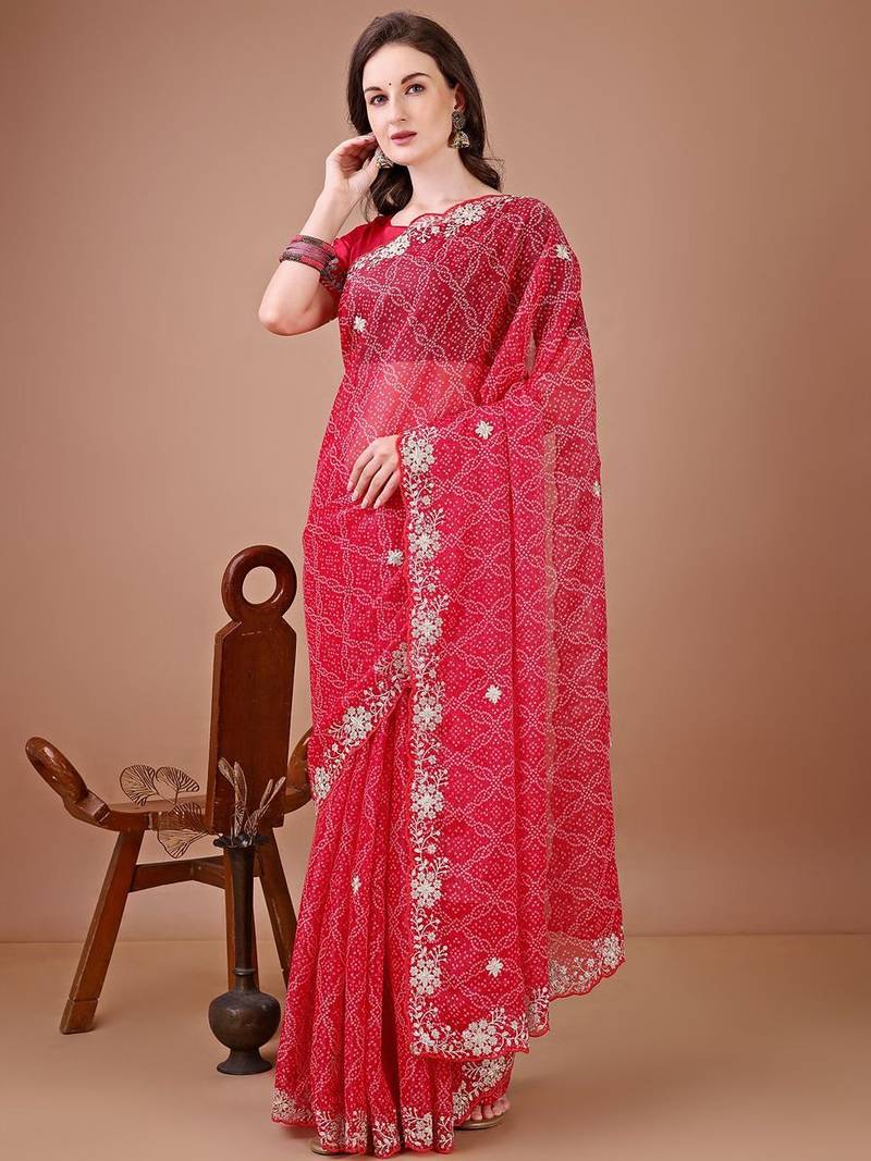 Red bandhani printed saree with embroidered border