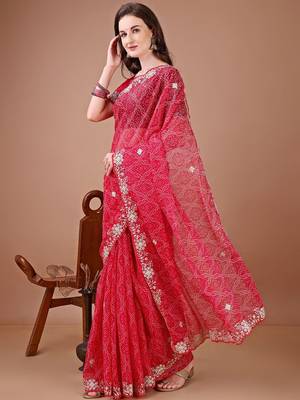 Red bandhani printed saree with embroidered border 2