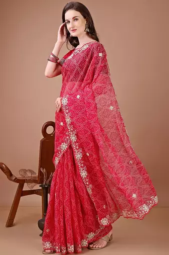 Red bandhani printed saree with embroidered border