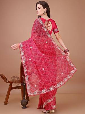Red bandhani printed saree with embroidered border 3
