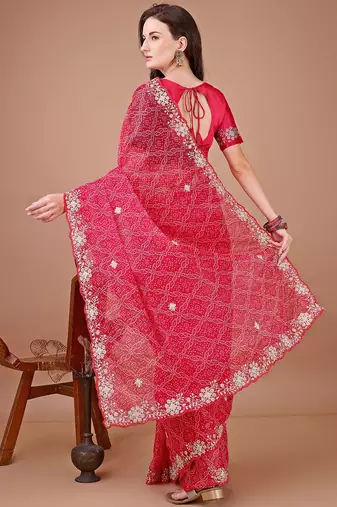 Red bandhani printed saree with embroidered border