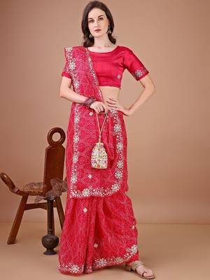 Red bandhani printed saree with embroidered border 4