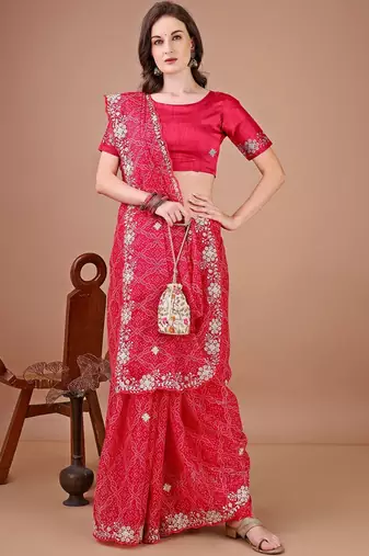 Red bandhani printed saree with embroidered border