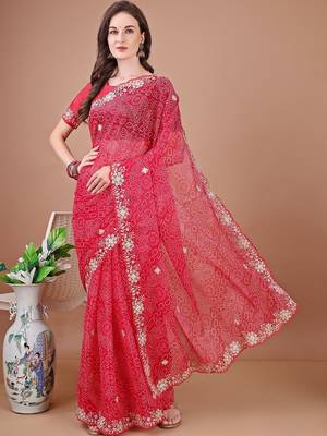 Red bandhani embroidered bandhani saree 1