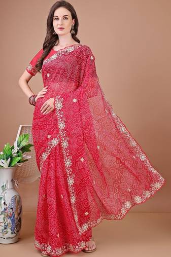 Red bandhani embroidered bandhani saree