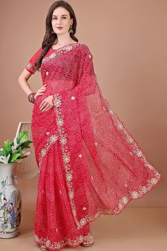 Red bandhani embroidered bandhani saree