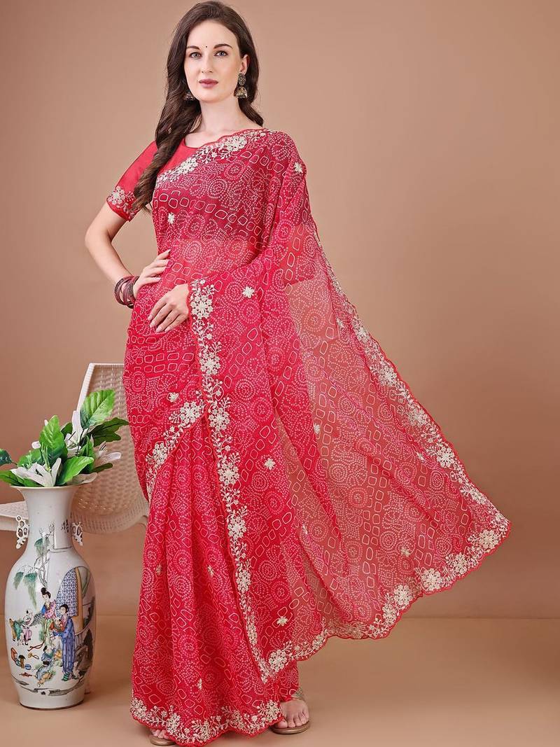 Red bandhani embroidered bandhani saree