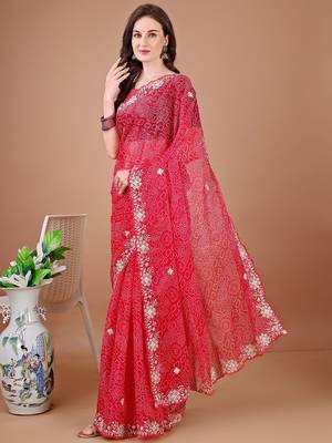 Red bandhani embroidered bandhani saree 2