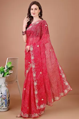 Red bandhani embroidered bandhani saree