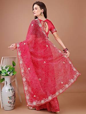 Red bandhani embroidered bandhani saree 3