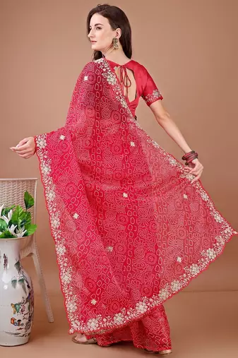 Red bandhani embroidered bandhani saree