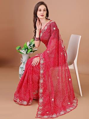 Red bandhani embroidered bandhani saree 4