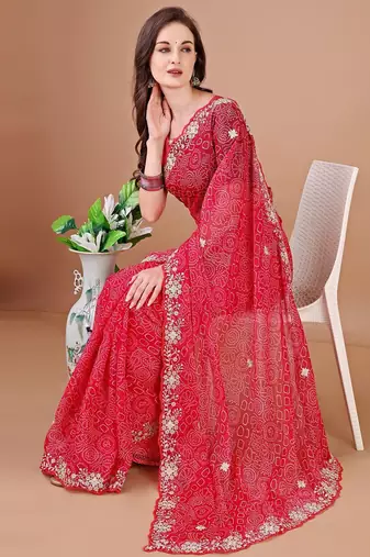 Red bandhani embroidered bandhani saree