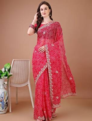 Red bandhani embroidered bandhani saree 1