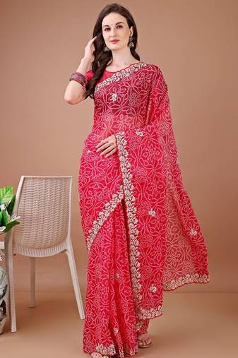 Red bandhani embroidered bandhani saree