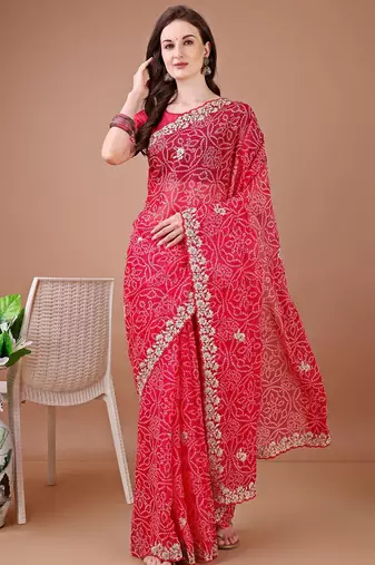Red bandhani embroidered bandhani saree