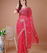 Red bandhani embroidered bandhani saree