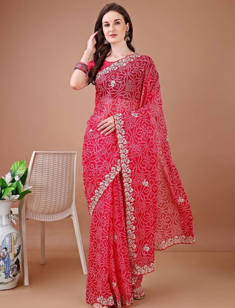 Red bandhani embroidered bandhani saree