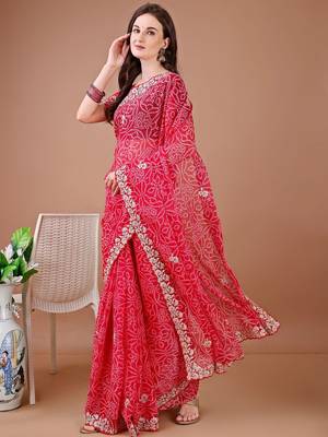 Red bandhani embroidered bandhani saree 2
