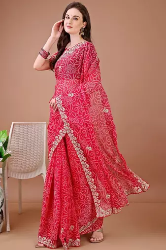 Red bandhani embroidered bandhani saree