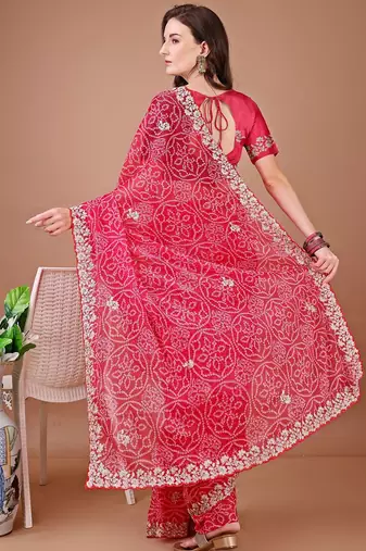 Red bandhani embroidered bandhani saree