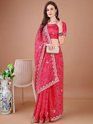 Red bandhani embroidered bandhani saree 4