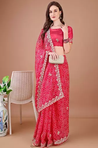 Red bandhani embroidered bandhani saree