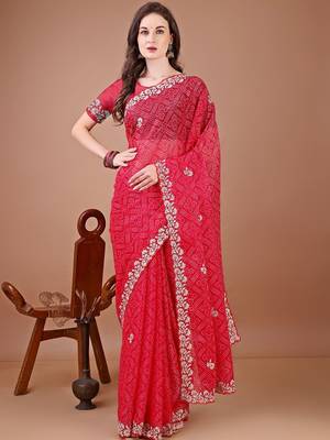 Red bandhani printed zari embroidered border bandhani saree with blouse piece 1