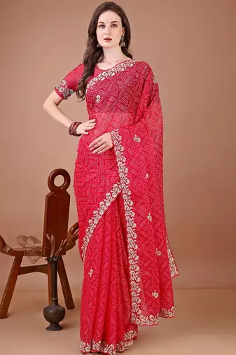 Red bandhani printed zari embroidered border bandhani saree with blouse piece
