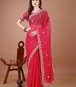 Red bandhani printed zari embroidered border bandhani saree with blouse piece