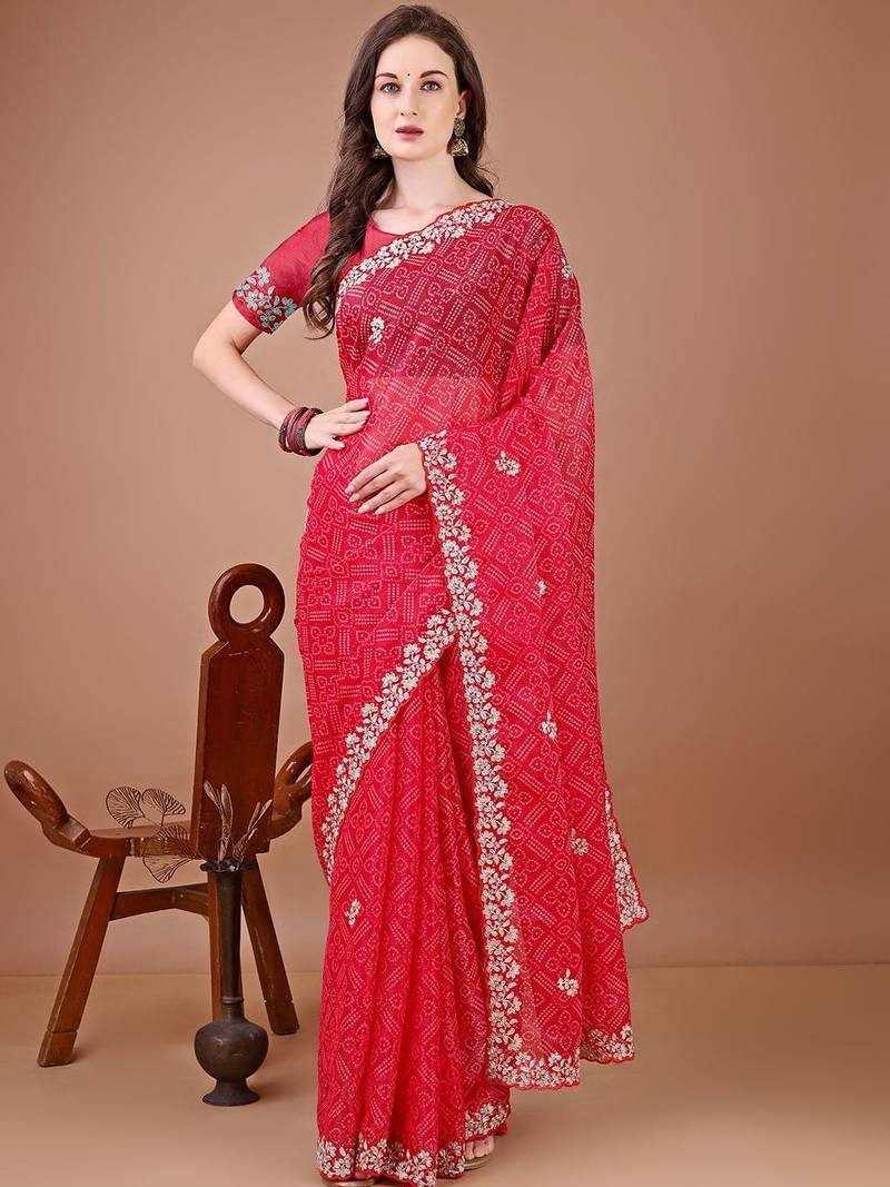 Red bandhani printed zari embroidered border bandhani saree with blouse piece