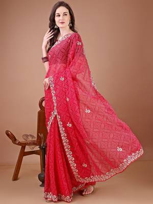 Red bandhani printed zari embroidered border bandhani saree with blouse piece 2
