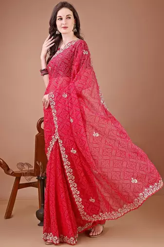 Red bandhani printed zari embroidered border bandhani saree with blouse piece