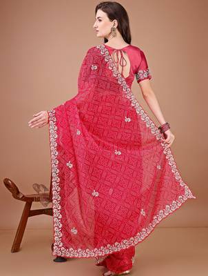 Red bandhani printed zari embroidered border bandhani saree with blouse piece 3