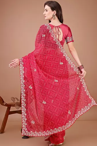 Red bandhani printed zari embroidered border bandhani saree with blouse piece