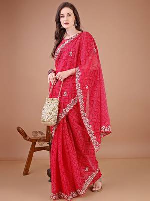 Red bandhani printed zari embroidered border bandhani saree with blouse piece 4
