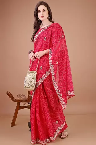 Red bandhani printed zari embroidered border bandhani saree with blouse piece