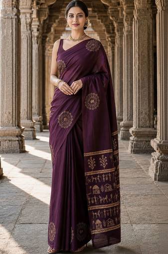 Purple warli silk blend designer banarasi saree