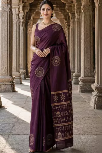 Purple warli silk blend designer banarasi saree