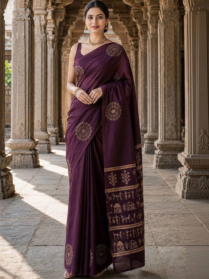 Purple warli silk blend designer banarasi saree