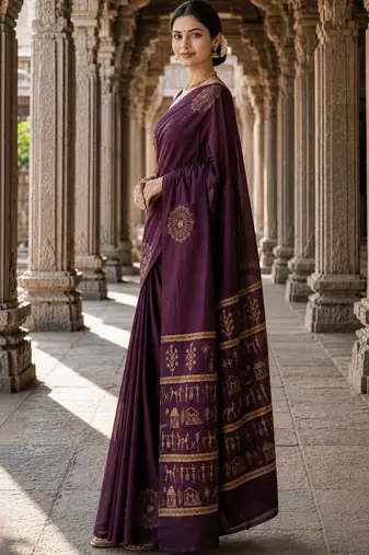 Purple warli silk blend designer banarasi saree
