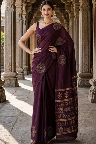 Purple warli silk blend designer banarasi saree